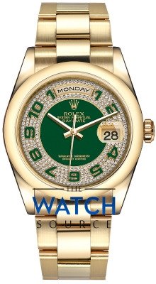 Buy this new Rolex Day-Date 36mm Yellow Gold Diamond Bezel 118348 Green Pave Diamond Arabic Oyster midsize watch for the discount price of £0.00. UK Retailer.